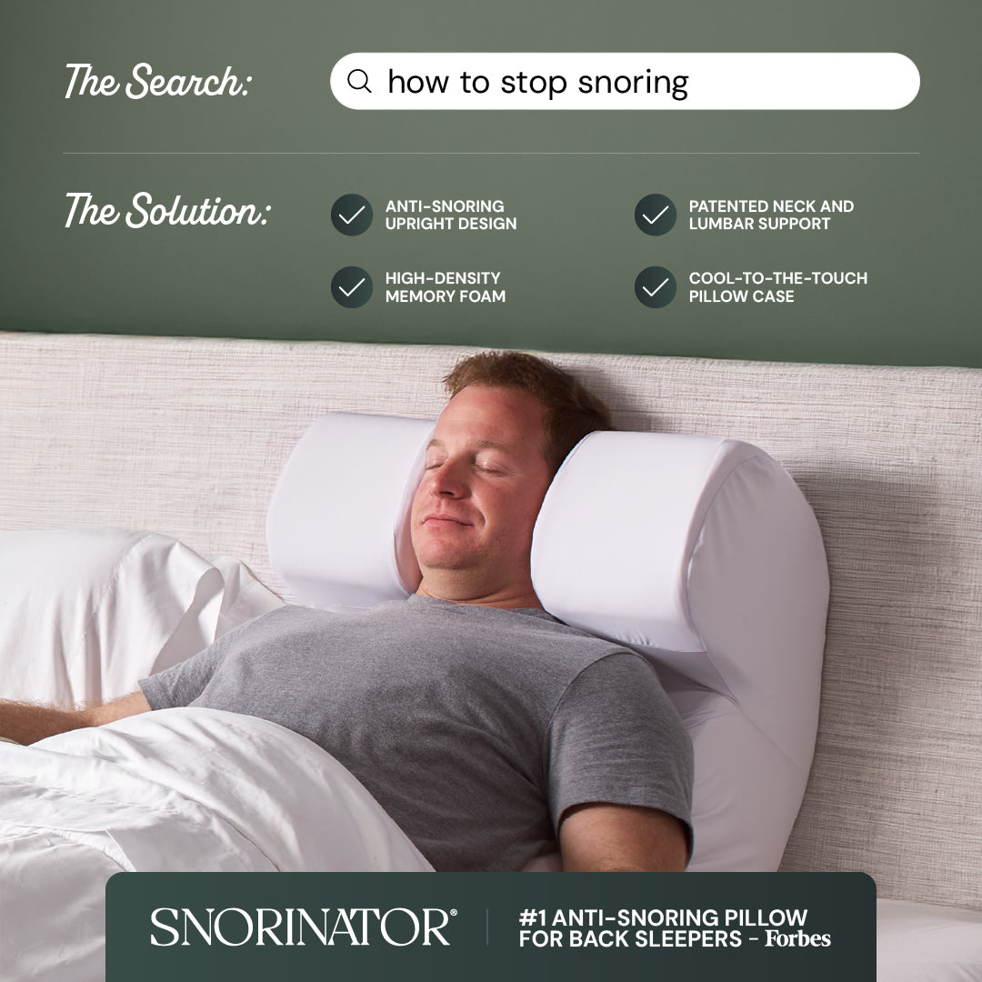Man asleep comfortably in the Snorinator with on-image text to showcase benefits of the pillow.